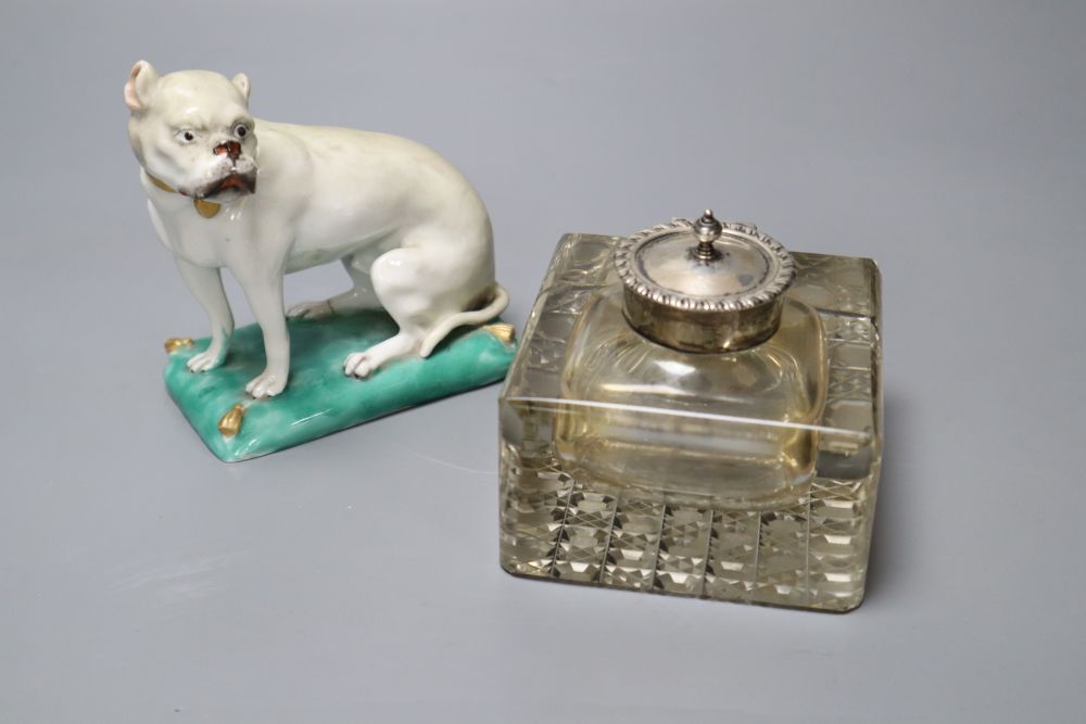 A Continental porcelain model of a mastiff and a silver-mounted glass inkwell